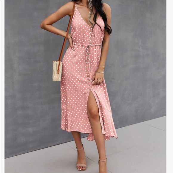 Boho Button Up V Neck Tie Polka Dot Dress GREEN - Picture 10 of 13